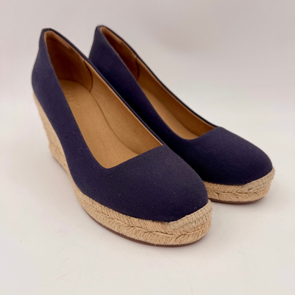 NWOB J.Crew Factory Navy Blue Canvas Espadrille Wedge Shoes Womens 5.5 Preppy